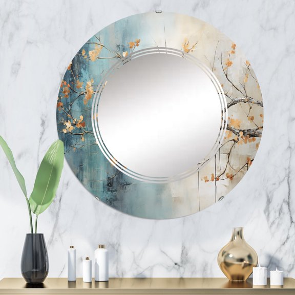 Designart "Orange Blue Maple Tree Glowing Embers I" Floral Round Wall Mirror - Traditional Oval Printed Decorative Oversized Mirror - Multiple Color Options