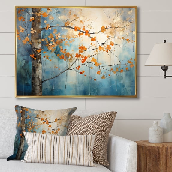 Designart "Orange Blue Maple Tree Glowing Embers II" Floral Floater Framed Canvas Wall Art
