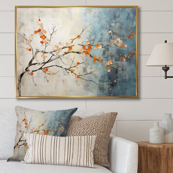 Designart "Orange Blue Maple Tree Glowing Embers V" Floral Floater Framed Wall Decor