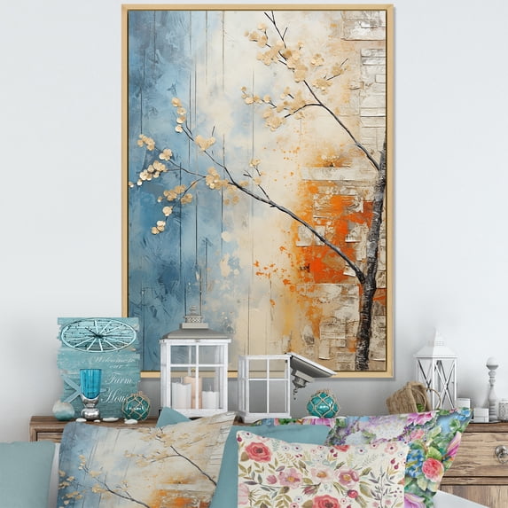 Designart "Orange Blue Maple Tree Glowing Embers VI" Floral & Botanical Floater Framed Wall Decor