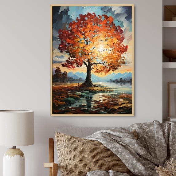 Designart "Orange Blue Maple Tree Majestic Maple" Floral Floater Framed Canvas Print