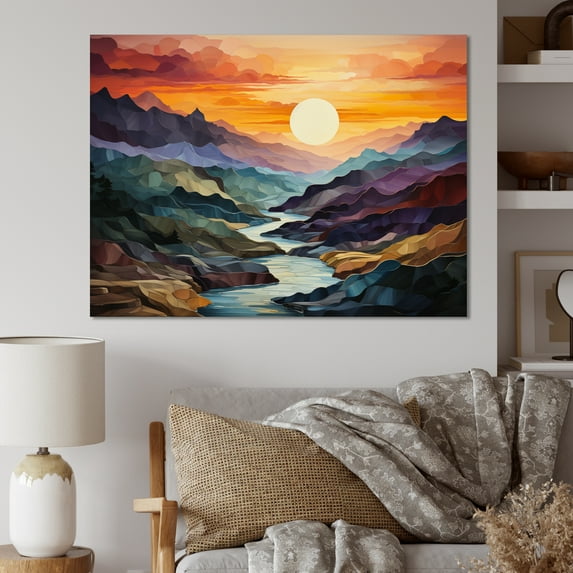 Designart "Orange Blue Mountains Bold Landscape" Modern Wall Art Living Room