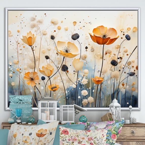 Designart "Orange Blue Muted botanics I" Abstract Botanicals Floater Framed Canvas Art Print