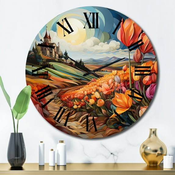 Designart "Orange Blue Netherlands Tulip Tapestry Rows" Landscapes Oversized Wall Clock