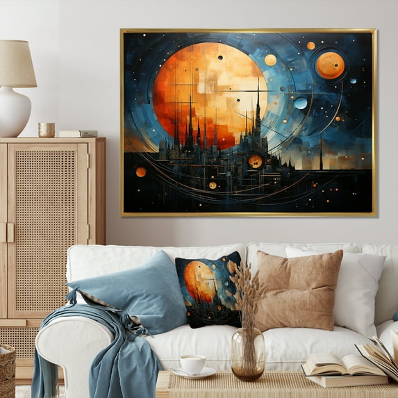 Designart "Orange Blue Sky Celestial Symphony composition I" Abstract Floater Framed Canvas Wall Art