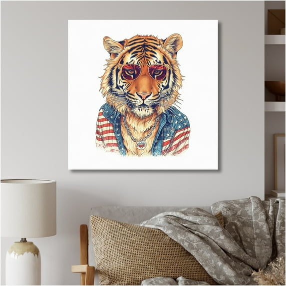 Designart "Orange Blue Tiger With Sunglasses" Animals Tiger Fashion Canvas Wall Art