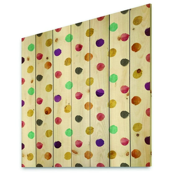 Designart 'Orange Blue and Purple Polka Dot Pattern' Transitional Print on Natural Pine Wood