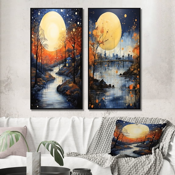 Designart "Orange Bridge Abstracted Riverine painting" Bridges Framed Wall Art Set Of 2 - Orange Architecture Gallery Wall Frame Set For Home Decor