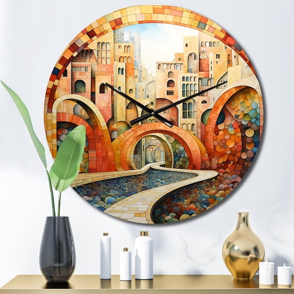 Designart "Orange Bridge Dynamic Archways Painting I" Pointillism Oversized Wall Clock