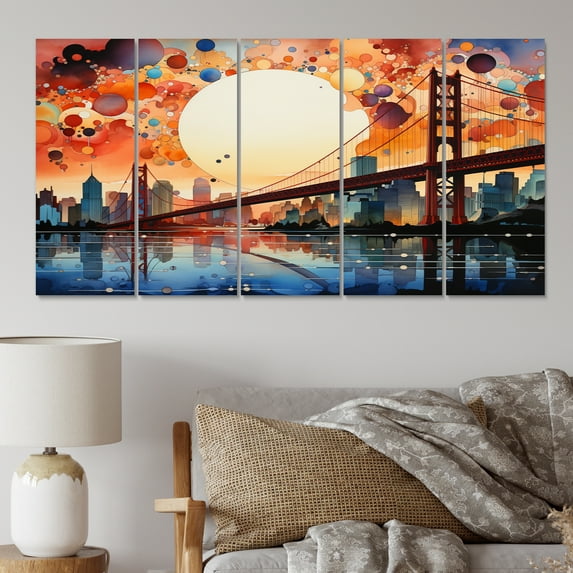 Designart "Orange Bridge Gateway Painting I" Architecture Metal Wall Decor Set