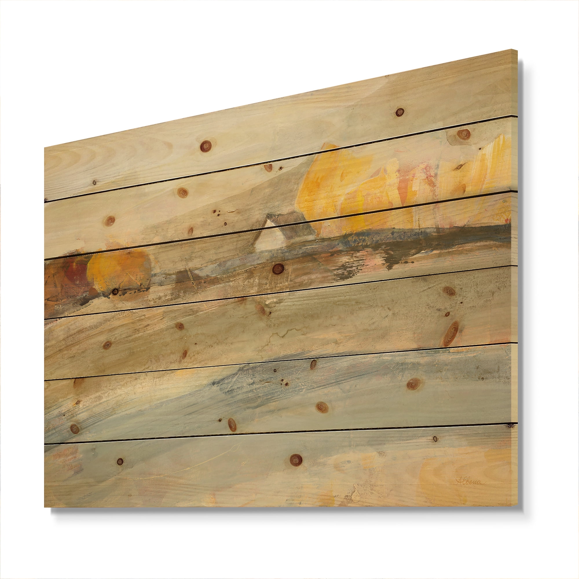 Designart 'Orange Brown Abstract Farm House' Modern Farmhouse Print on Natural Pine Wood