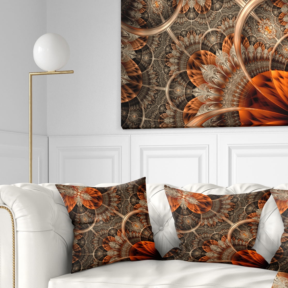 Designart Orange Brown Digital Art Fractal Flower - Floral Throw Pillow - 16x16