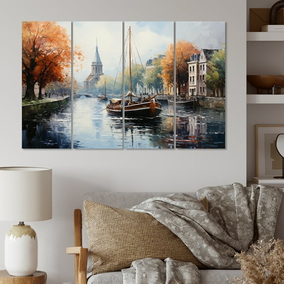 Designart "Orange Canal Waterways Painting I" Canals Metal Wall Décor Set