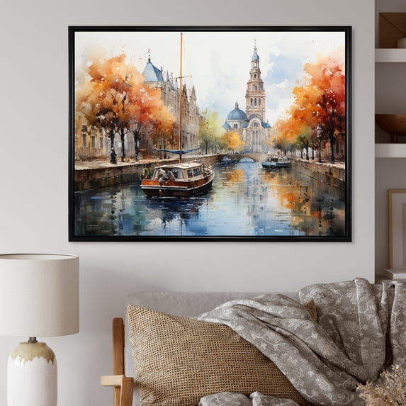 Designart "Orange Canal expressionistic Canal Loose" Canals Floater Framed Canvas Print