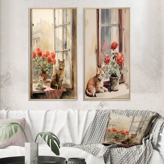 Designart "Orange Cat on a Windowsill Watercolor II" Animals Cat Framed Wall Art Set Of 2 - Children's Art Brown Gallery Wall Frame Set For Home Decor