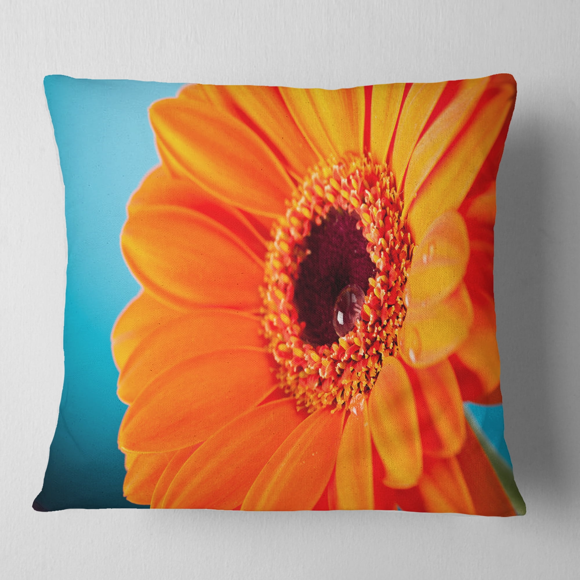 Designart Orange Daisy Gerbera Flower Close up - Flowers Throw Pillowwork - 18x18