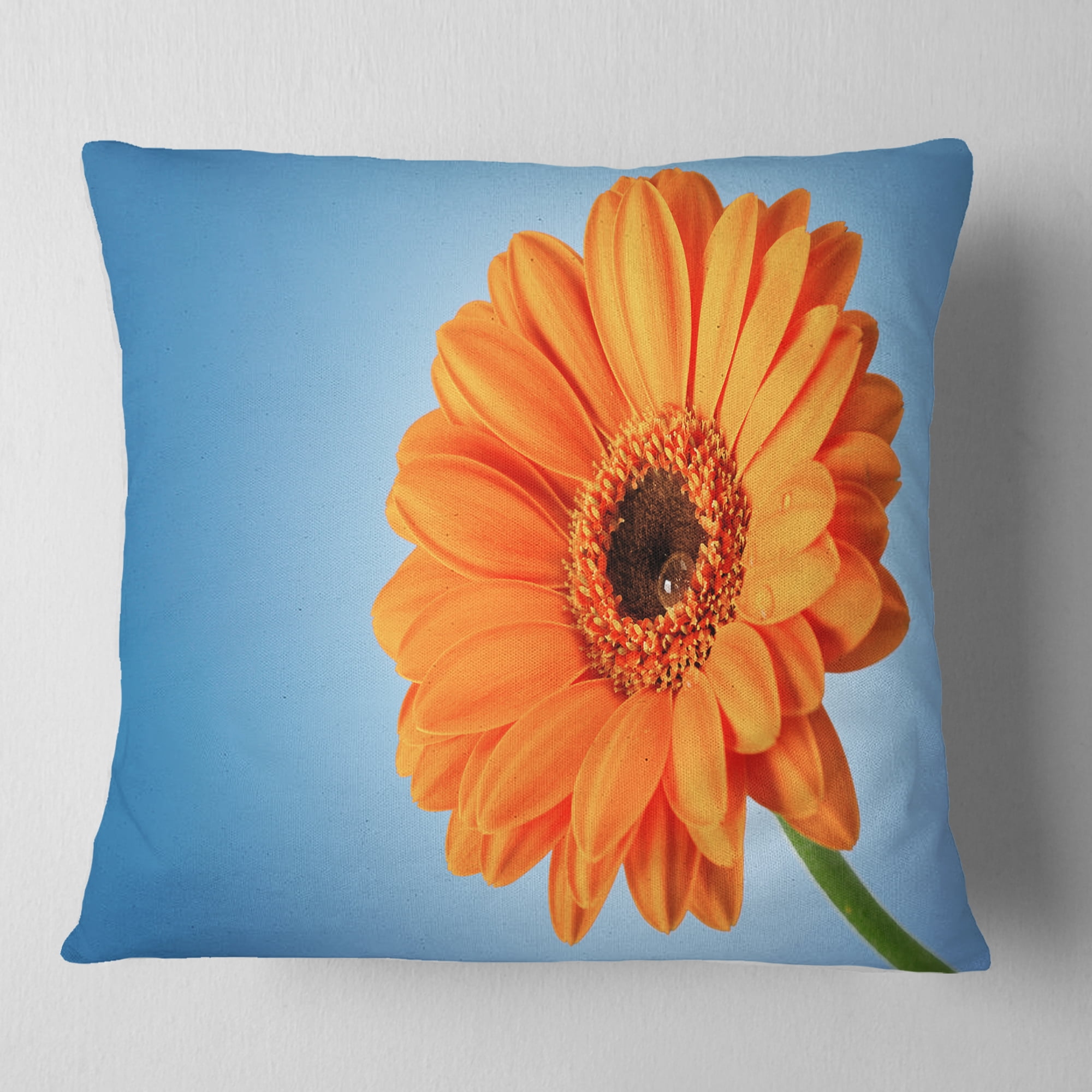Designart Orange Daisy Gerbera Flower on Blue - Floral Throw Pillow - 16x16