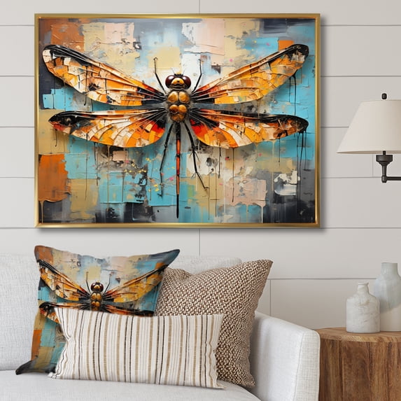 Designart "Orange Dragonfly Insects Flight composition I" Animals Floater Framed Canvas Art Print