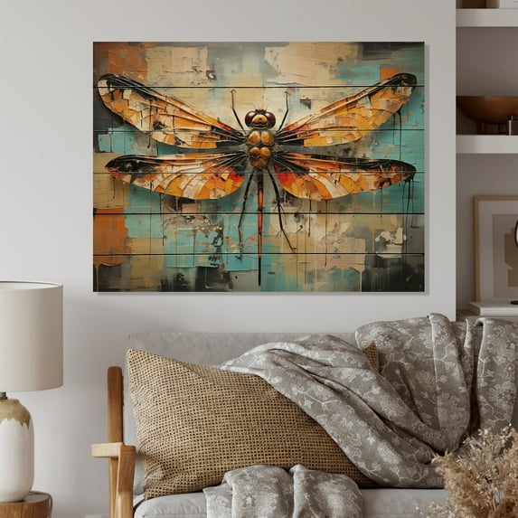 Designart "Orange Dragonfly Insects Flight composition I" Animals Print on Natural Pine Wood