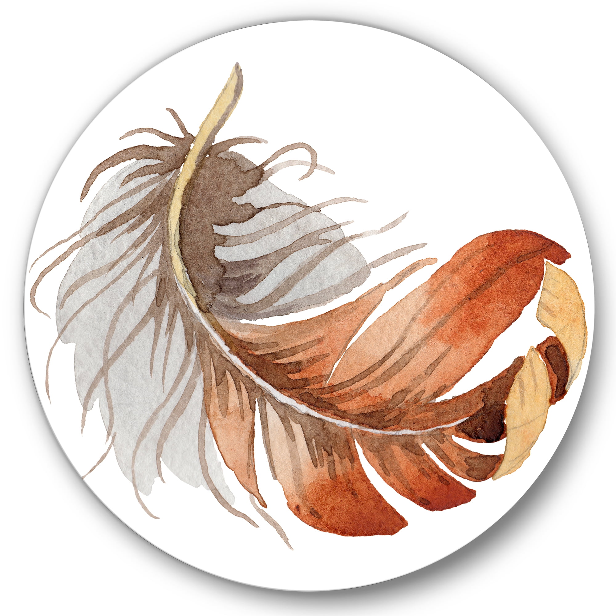 Designart 'Orange Ethnic Bird Feather On White' Bohemian & Eclectic Circle Metal Wall Art 29x29 - Disc of 29