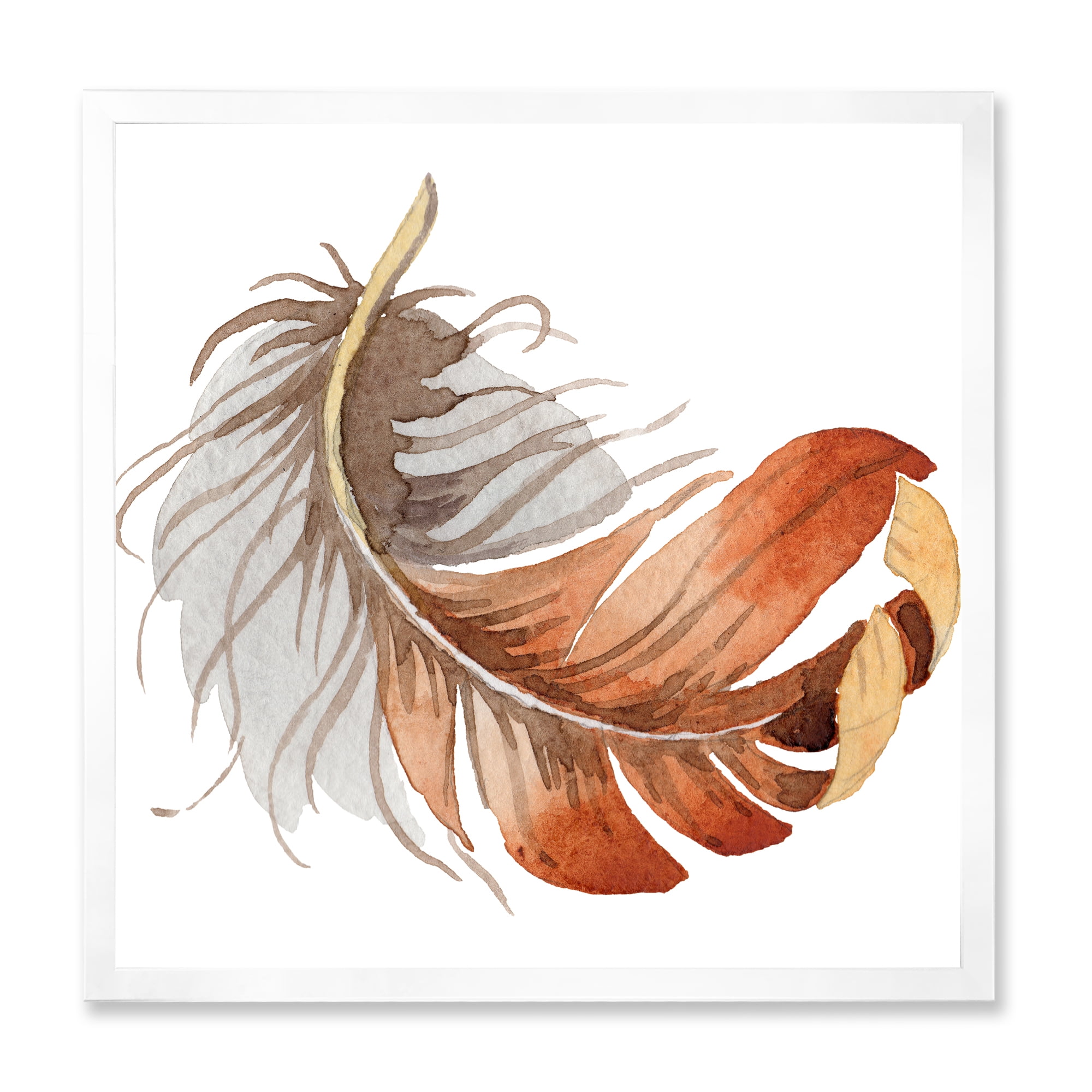 Designart 'Orange Ethnic Bird Feather On White' Bohemian & Eclectic Framed Art Print