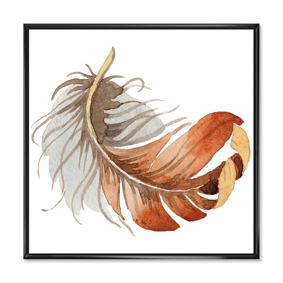 Designart 'Orange Ethnic Bird Feather On White' Bohemian & Eclectic Framed Canvas Wall Art Print