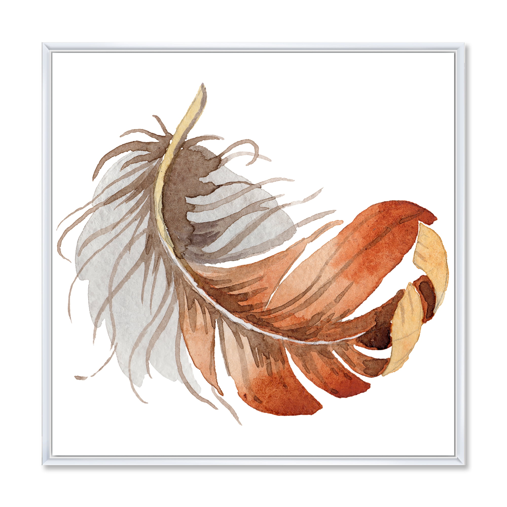 Designart 'Orange Ethnic Bird Feather On White' Bohemian & Eclectic Framed Canvas Wall Art Print