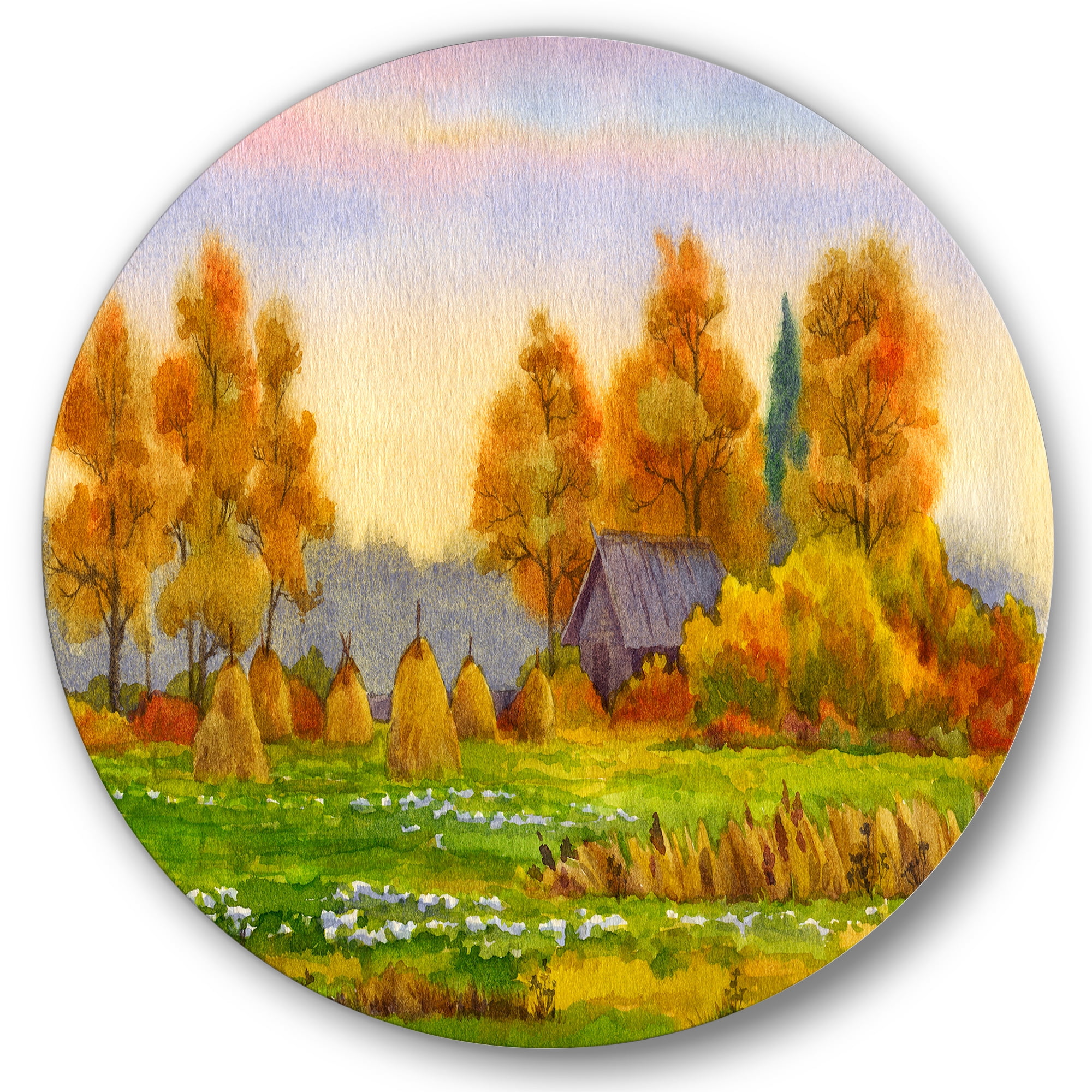 Designart 'Orange Fields With Haystacks I' Lake House Circle Metal Wall Art 29x29 - Disc of 29