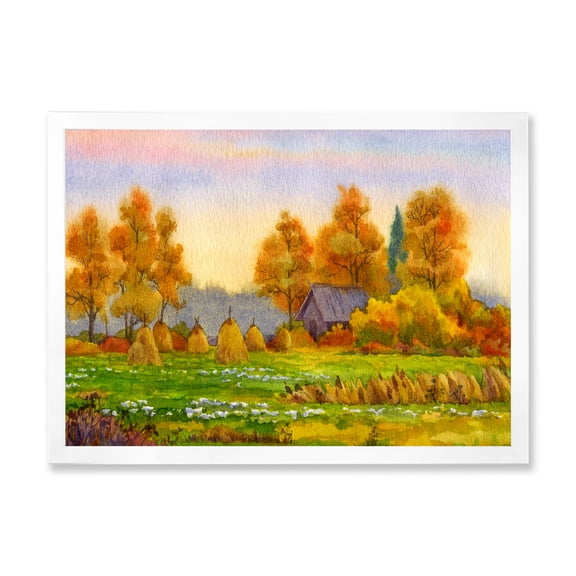 Designart 'Orange Fields With Haystacks I' Lake House Framed Art Print