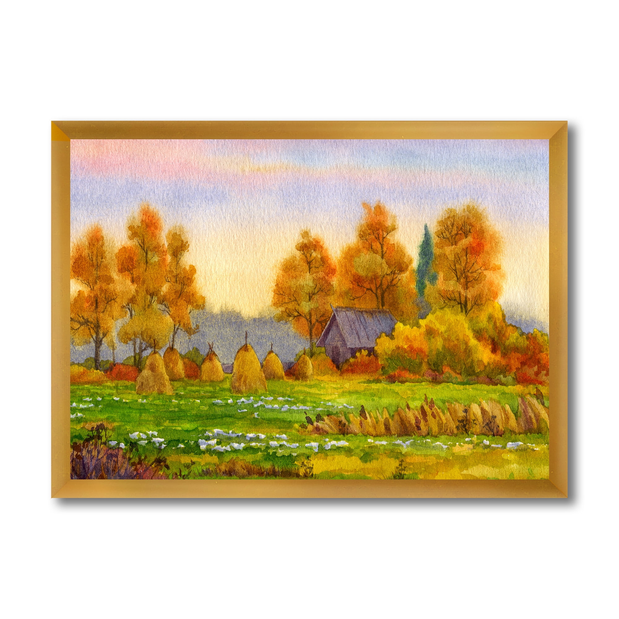 Designart 'Orange Fields With Haystacks I' Lake House Framed Art Print