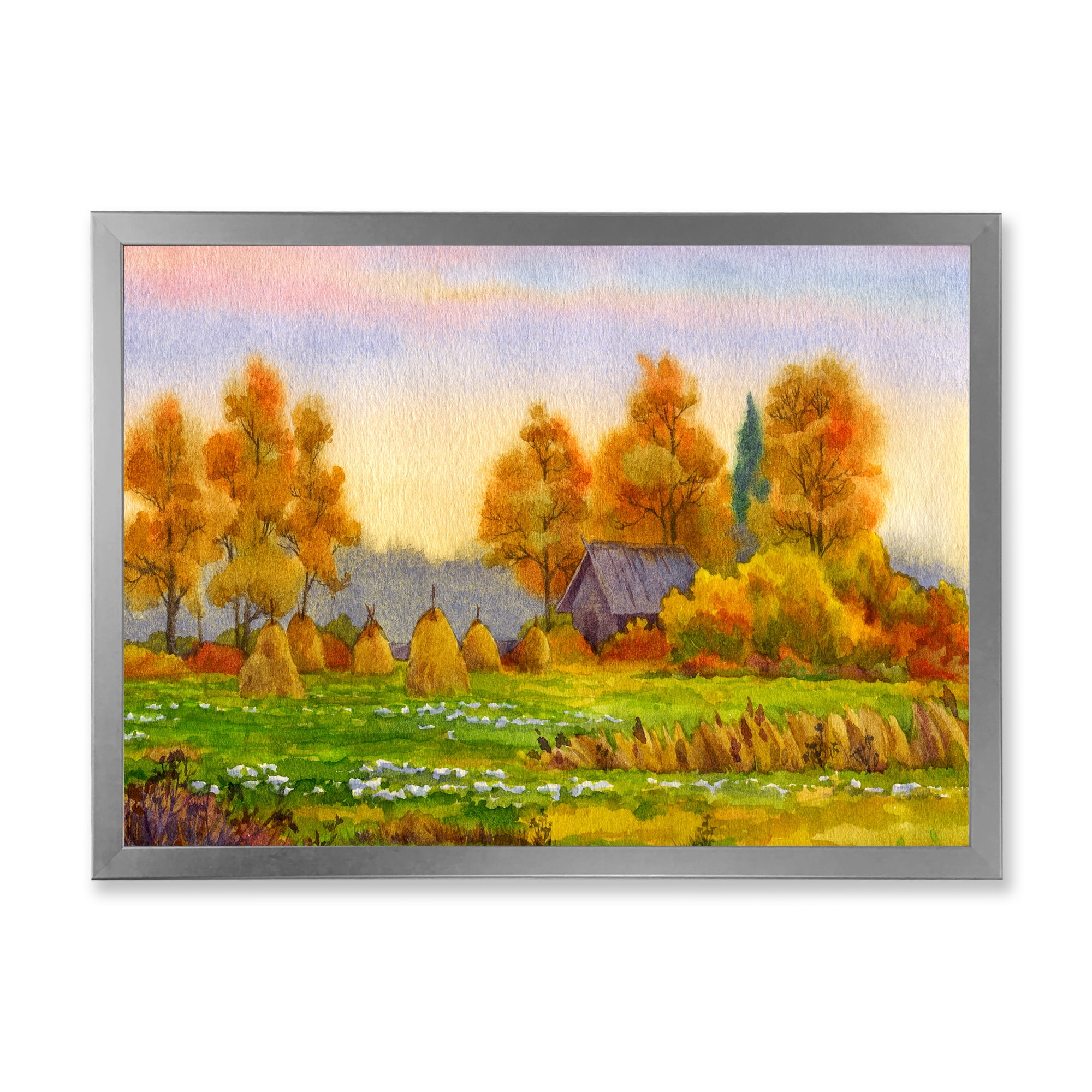 Designart 'Orange Fields With Haystacks I' Lake House Framed Art Print