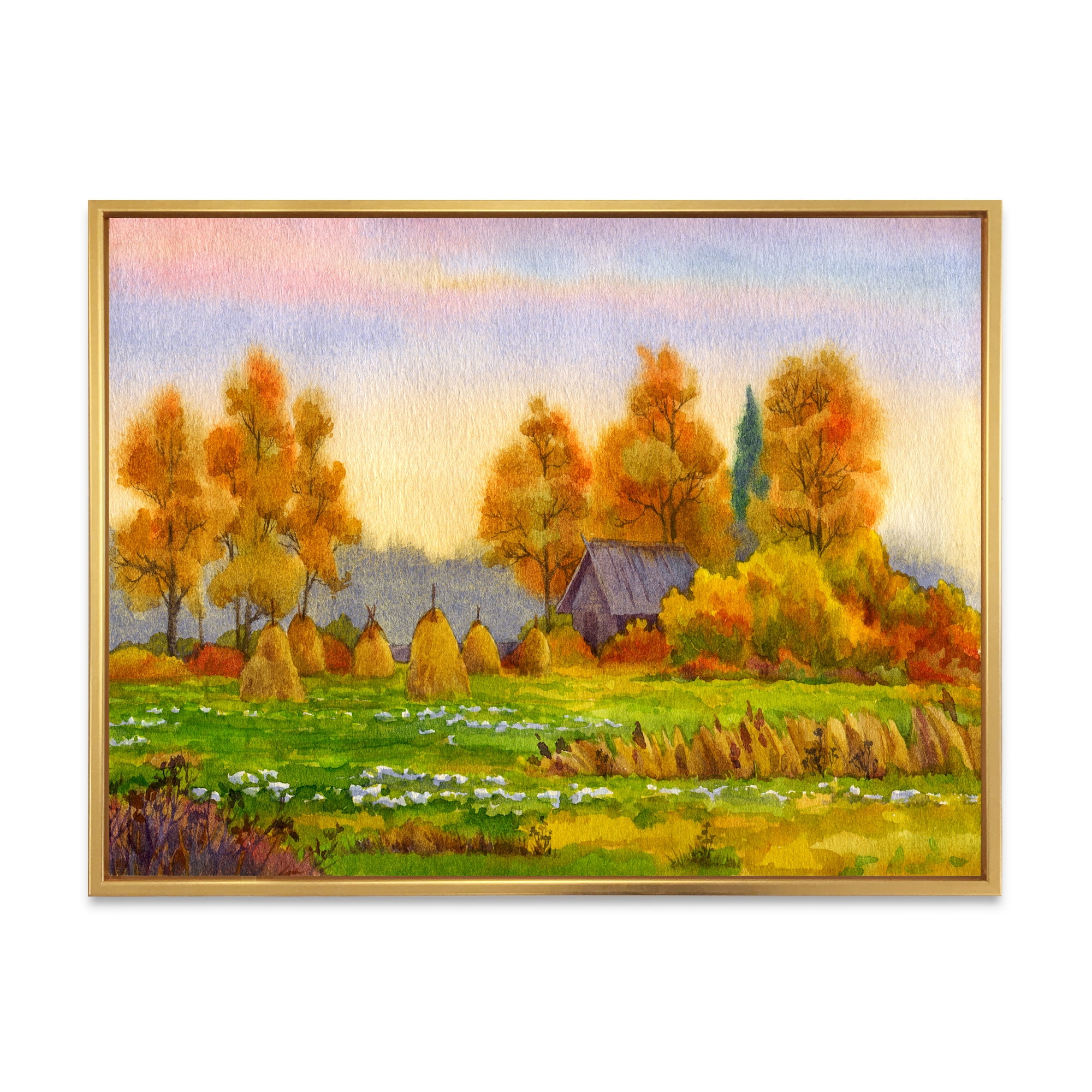 Designart 'Orange Fields With Haystacks I' Lake House Framed Canvas Wall Art Print
