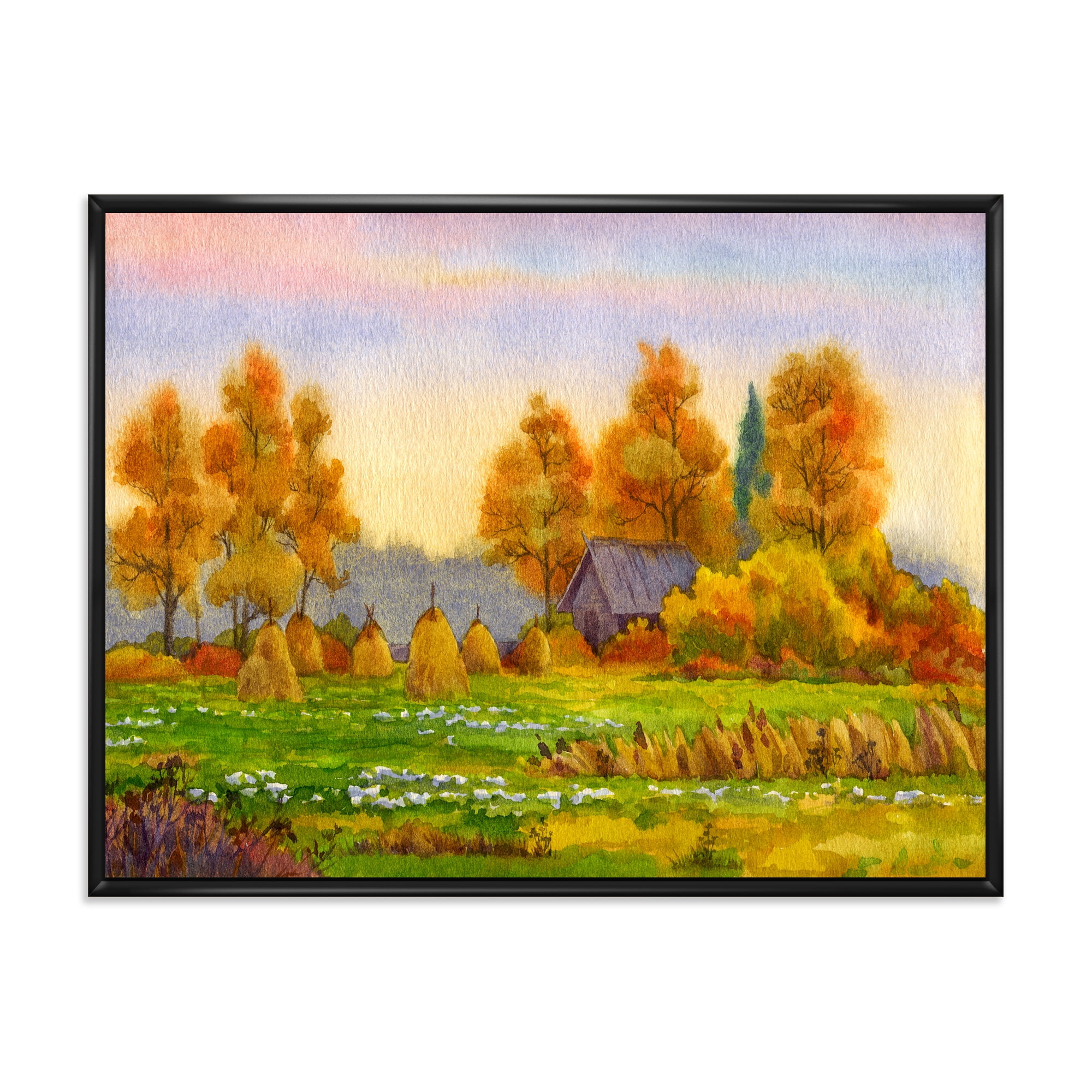Designart 'Orange Fields With Haystacks I' Lake House Framed Canvas Wall Art Print