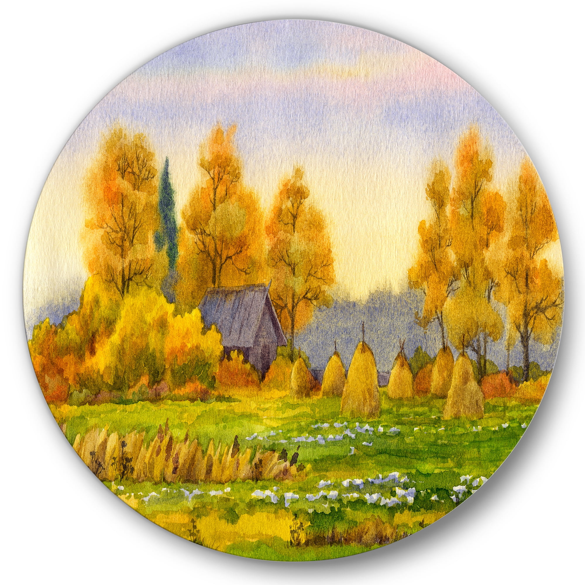 Designart 'Orange Fields With Haystacks II' Lake House Circle Metal Wall Art 11x11 - Disc of 11