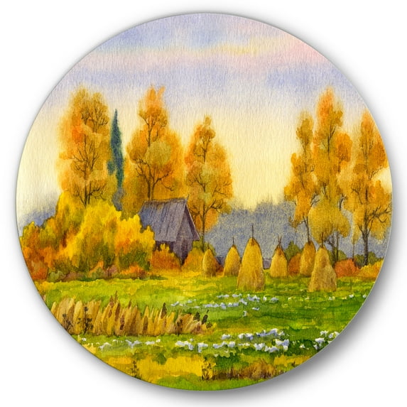 Designart 'Orange Fields With Haystacks II' Lake House Circle Metal Wall Art 29x29 - Disc of 29