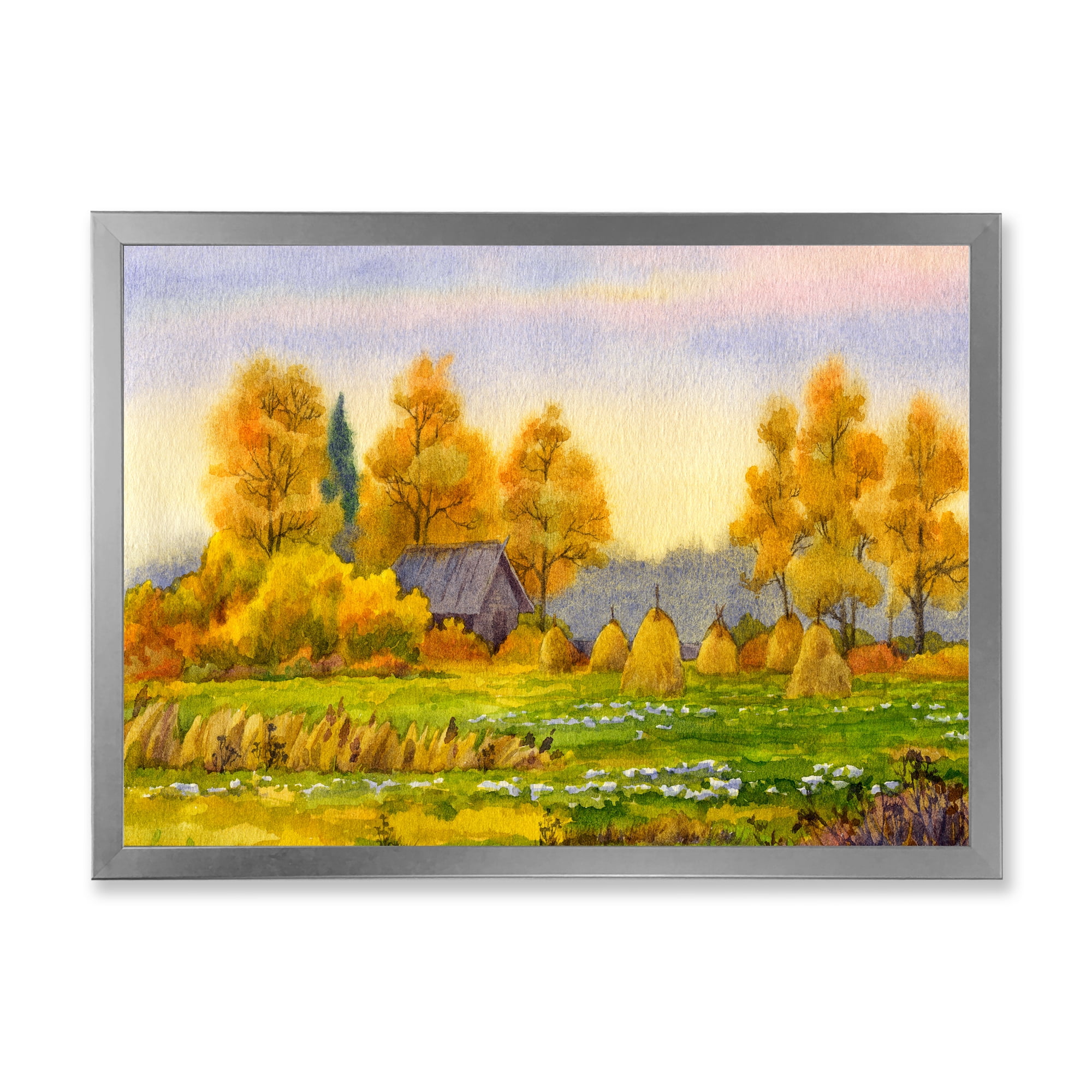 Designart 'Orange Fields With Haystacks II' Lake House Framed Art Print