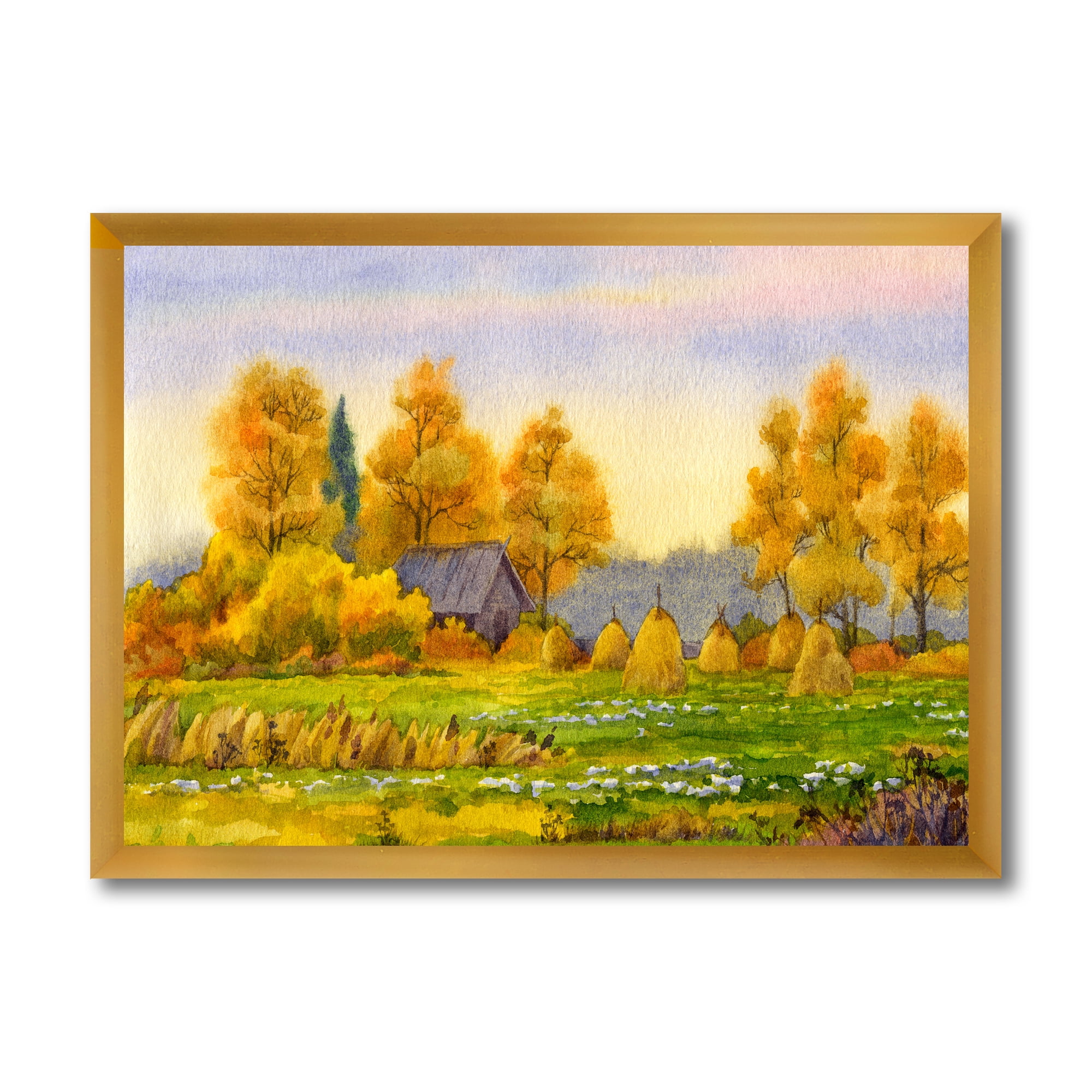Designart 'Orange Fields With Haystacks II' Lake House Framed Art Print