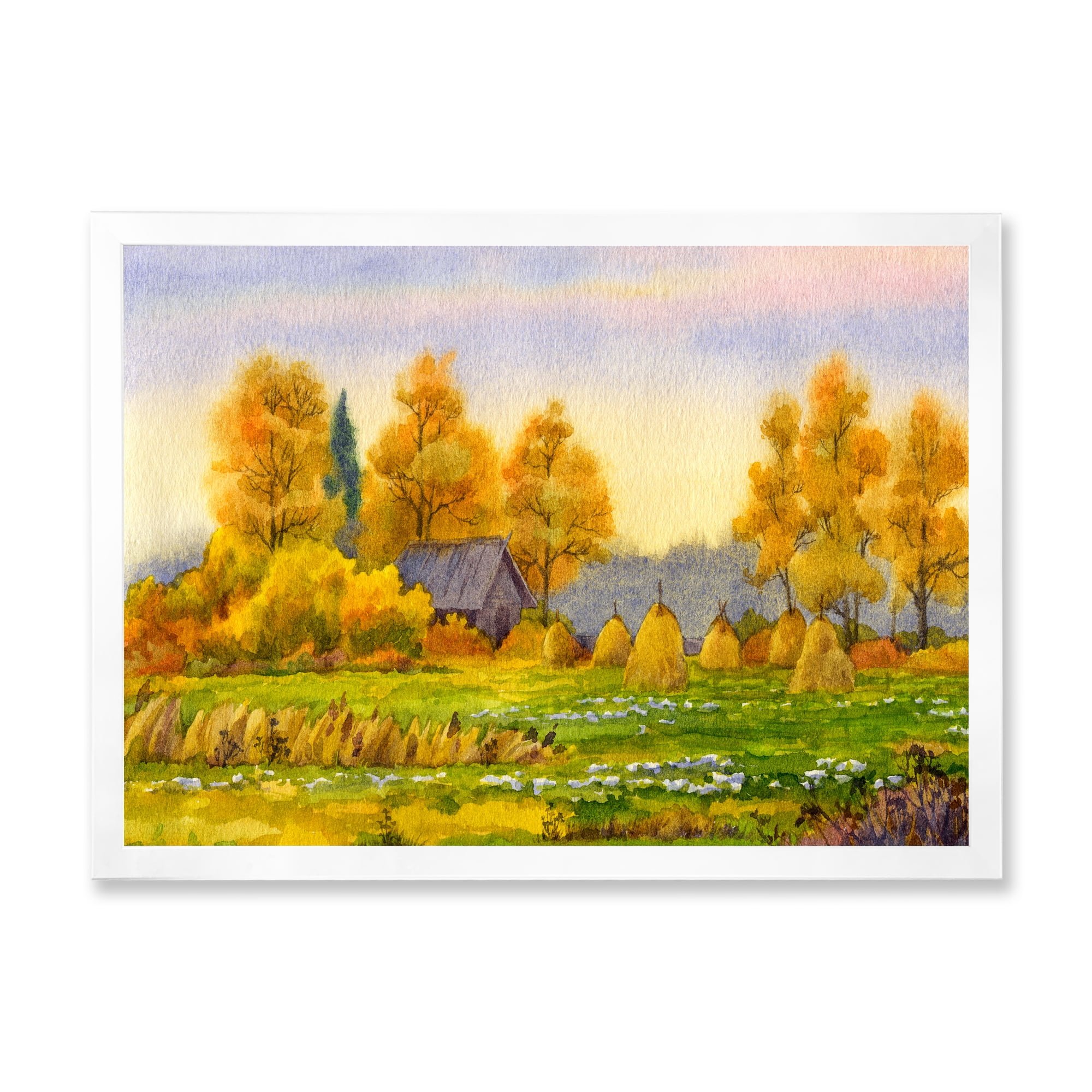Designart 'Orange Fields With Haystacks II' Lake House Framed Art Print