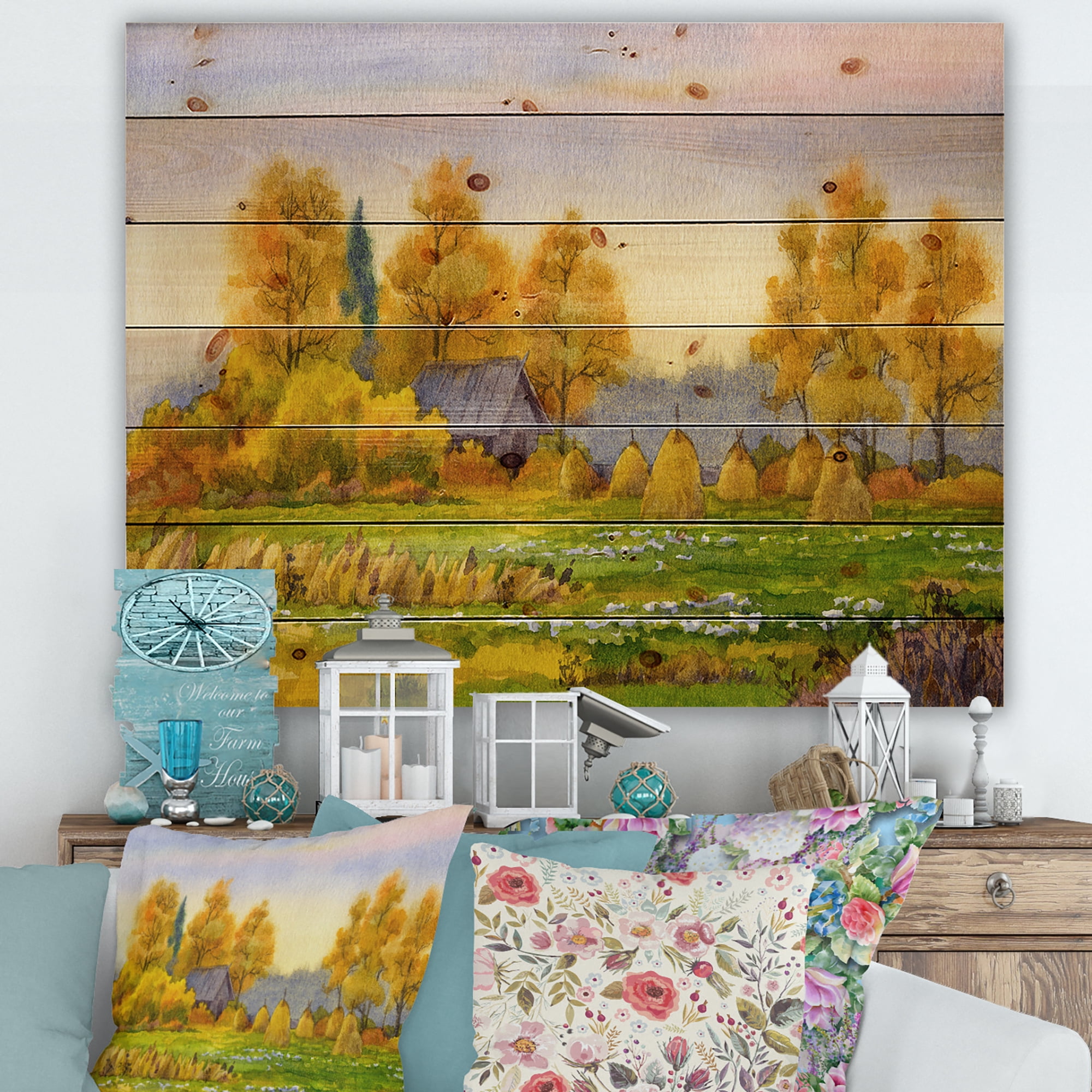 Designart 'Orange Fields With Haystacks II' Lake House Print on Natural Pine Wood