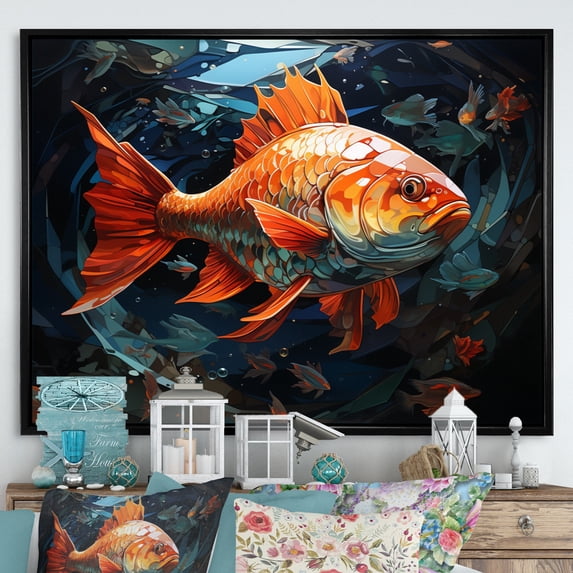 Designart "Orange Fish in Geometric Style II" Animals Floater Framed Wall Decor