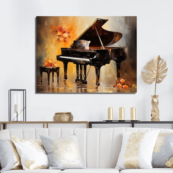 Designart "Orange Floral Serenade Grand Piano Harmony" Music Wall Art - Vintage Black Music Piano Bedroom Canvas Wall Art