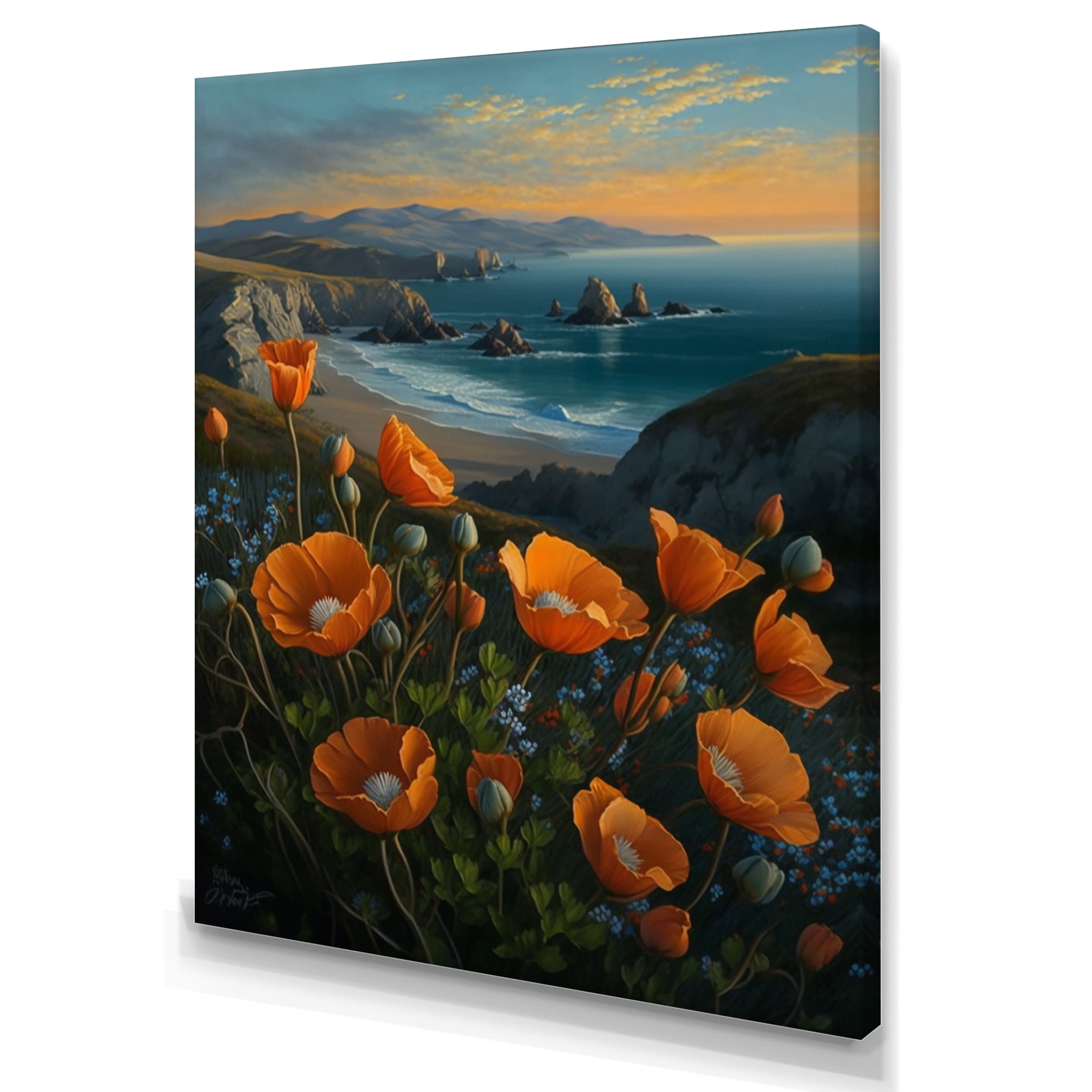 Designart Orange Flowers By The Coast I Canvas Wall Art