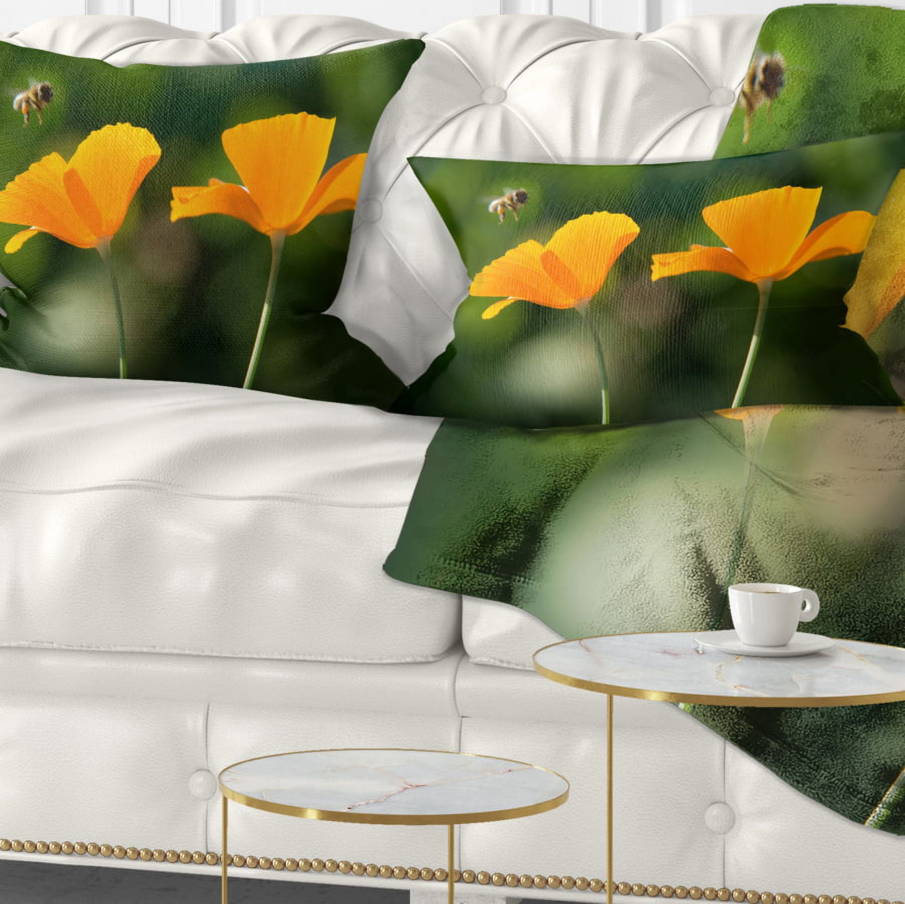 Designart Orange Flowers and Flying Bee - Floral Throw Pillow - 12x20
