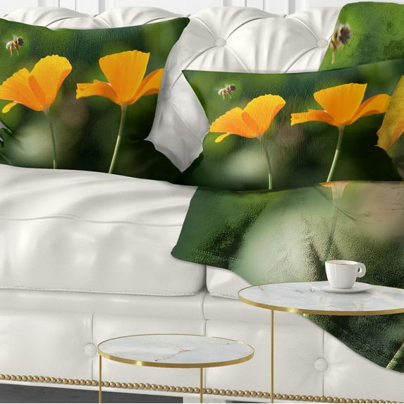 Designart Orange Flowers and Flying Bee - Floral Throw Pillow - 12x20