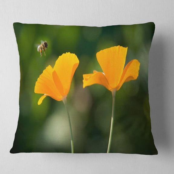 Designart Orange Flowers and Flying Bee - Floral Throw Pillow - 16x16