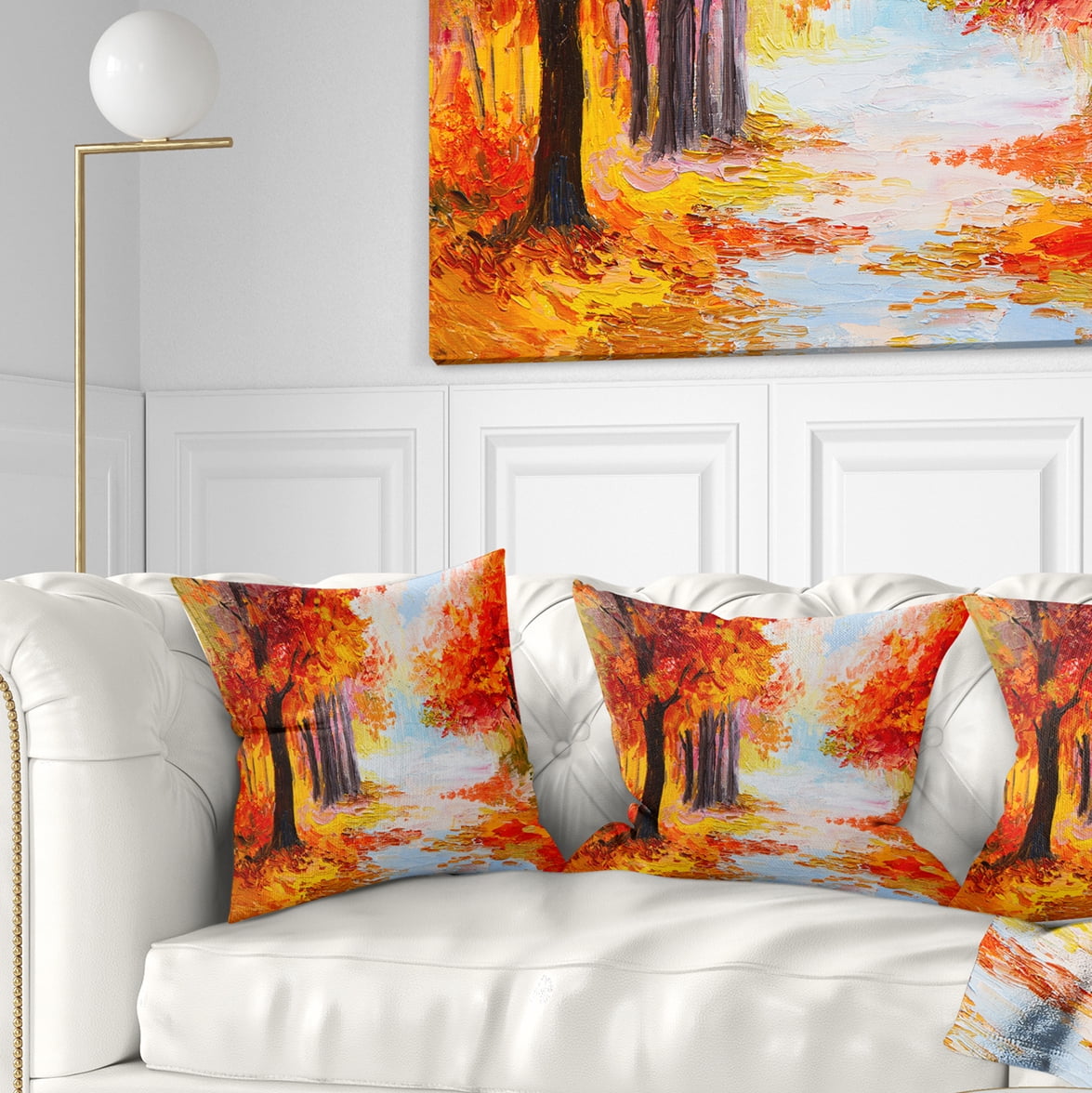 Designart Orange Forest in Autumn - Landscape Printed Throw Pillow - 18x18
