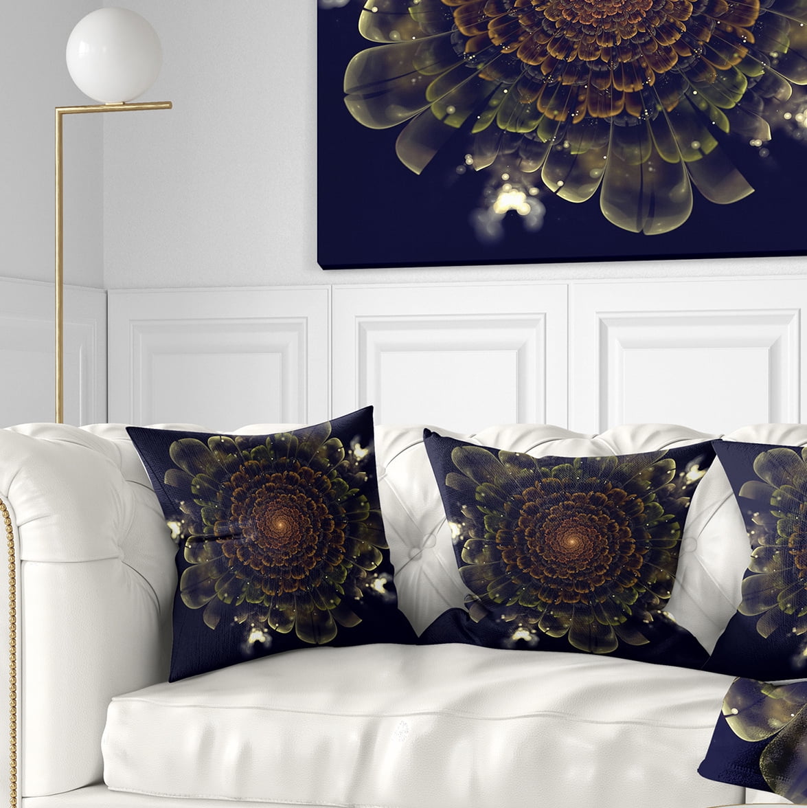Designart Orange Fractal Flower with Green - Abstract Throw Pillow - 16x16