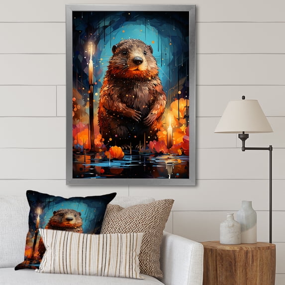 Designart "Orange Futuristic Beaver Builder II" Animals Framed Wall Art - Modern Orange Beaver Entryway Framed Wall Art