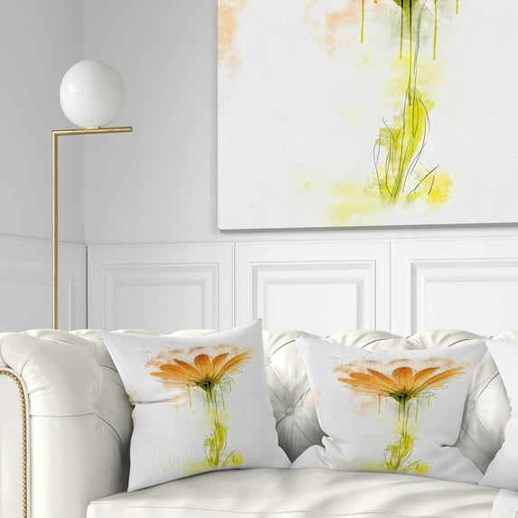 Designart Orange Gerbera Sketch Watercolor - Flowers Throw Pillowwork - 18x18