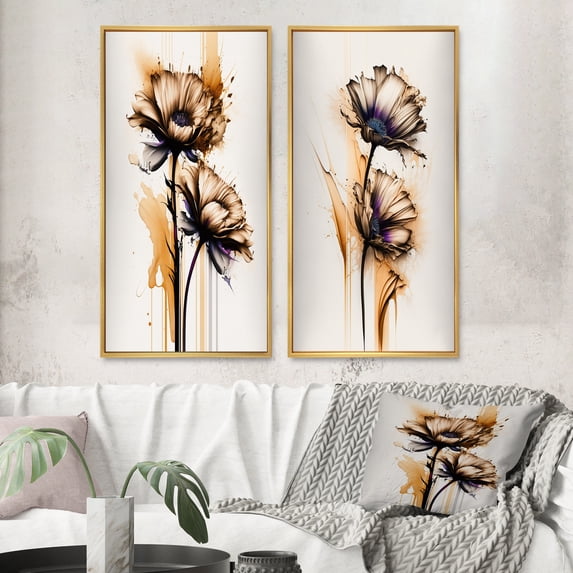 Designart "Orange Gerbera on Abstract Fusion I" Gerbera Framed Wall Art Set Of 2 - Orange Floral Framed Canvas Set For Living Room Decor